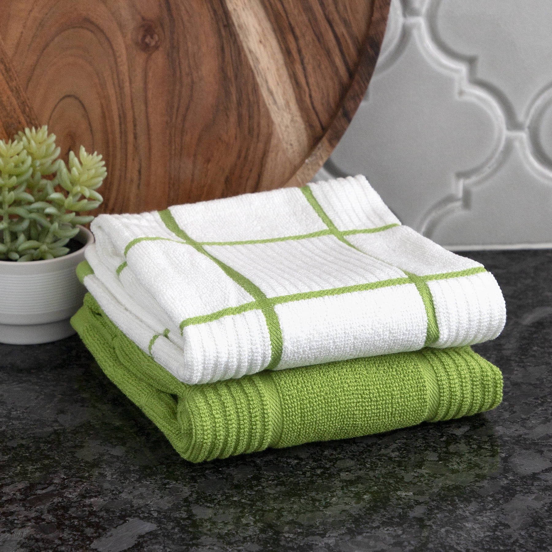 T-FAL Solid and Check Parquet Kitchen Towel, 2 Pack, Green