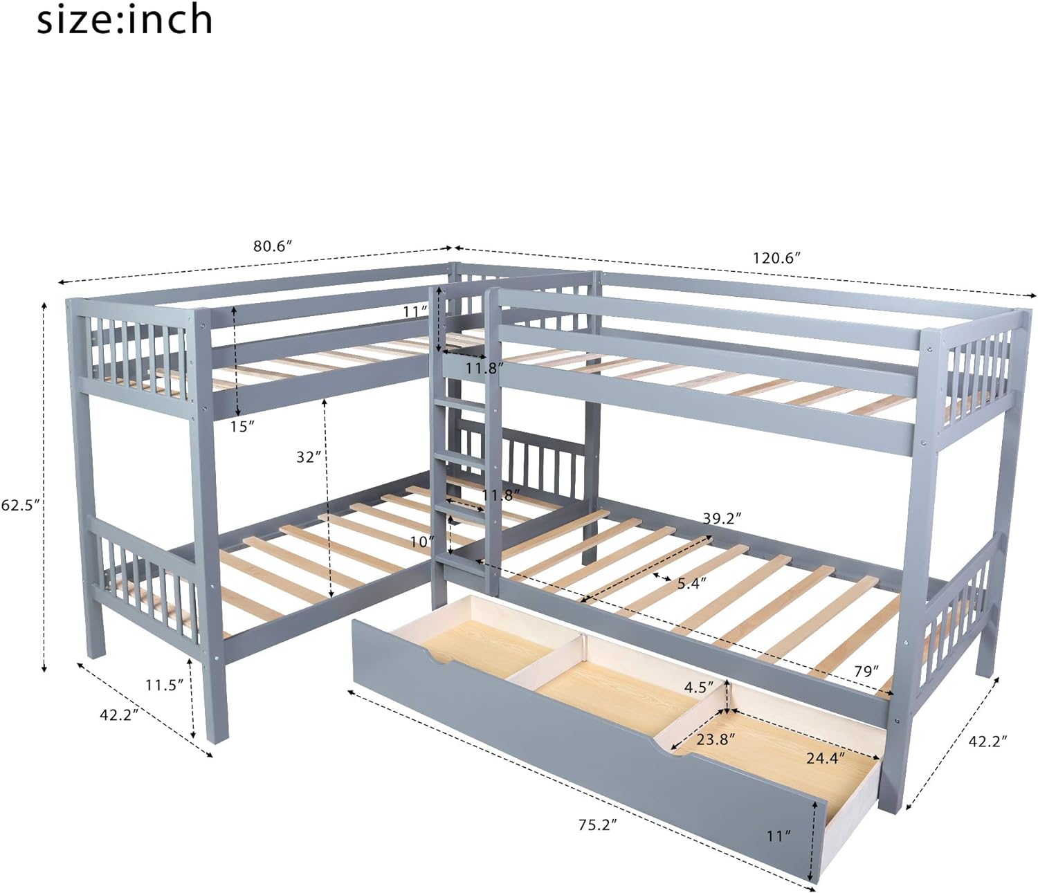 Wooden Bunk Beds For 4 Kids, Over L-Shaped Bunk Bed Frame With Storage Drawers(Gray)