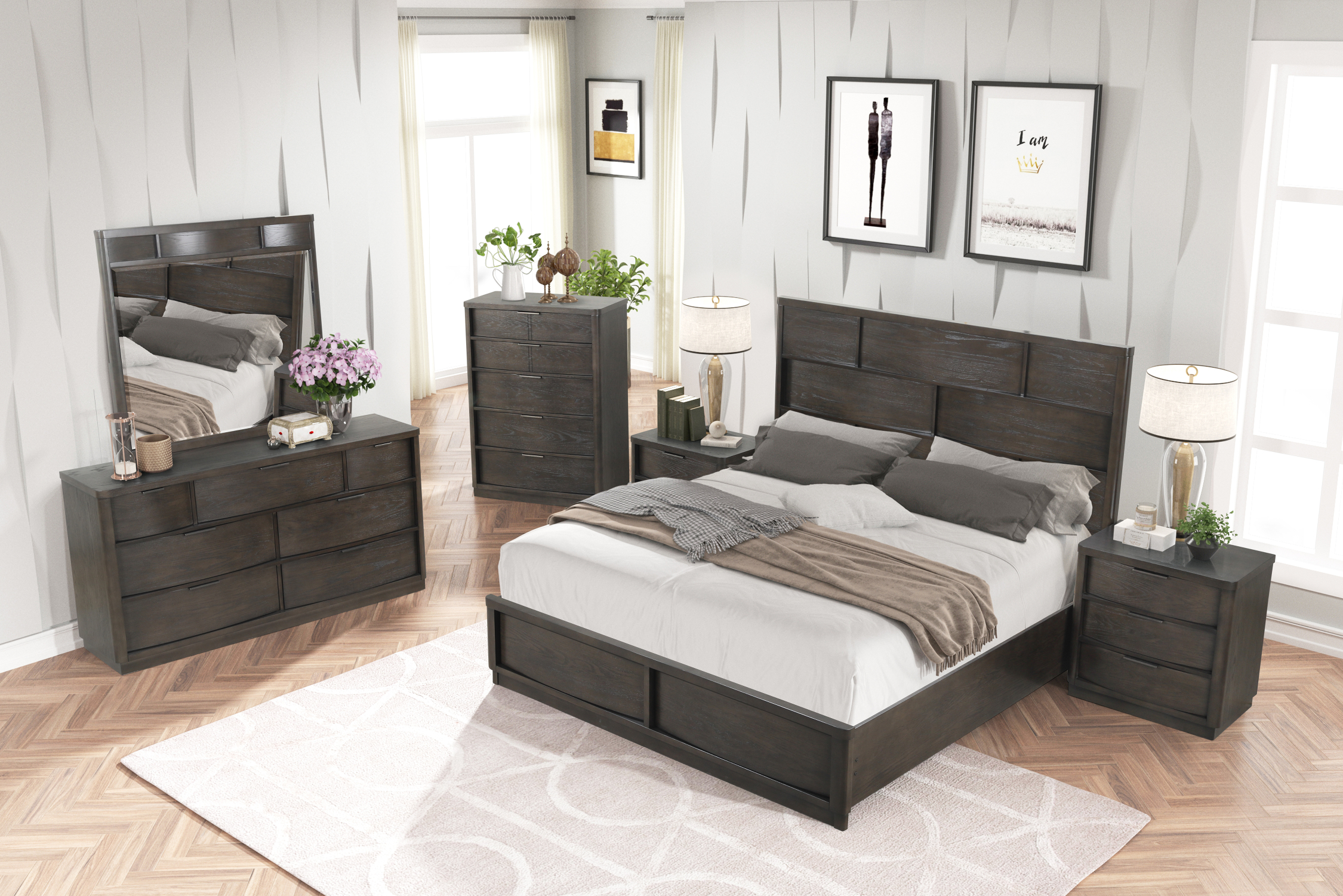 Belani Wood Panel Bed Set, King Bed, Dresser, Mirror, Two Nightstands, and Chest, Espresso