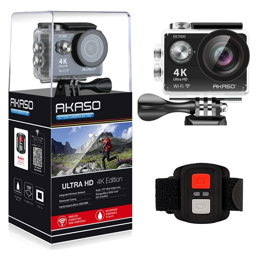 AKASO Ultra HD Waterproof Sports Action Camera (EK7000) with Sports Camera Starter Kit Black Bundle with 32GB MicroSD High-Speed Memory Card