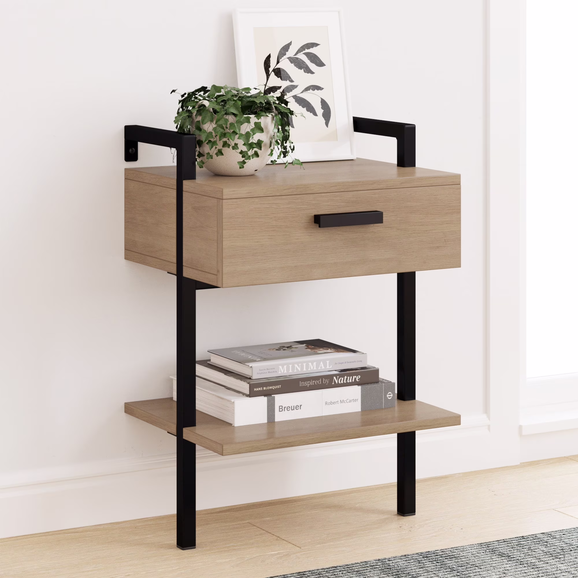 Nathan James Jenny Rustic Wall Mount Nightstand with Drawer and Storage Shelf, Oak Wood and Black Metal Frame
