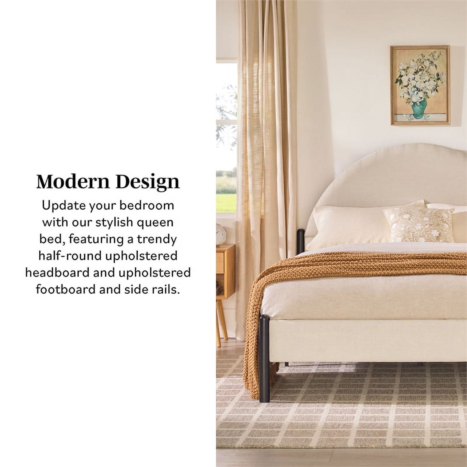 Pemberly Row Upholstered Metal Queen Bed with Arched Headboard in Oatmeal