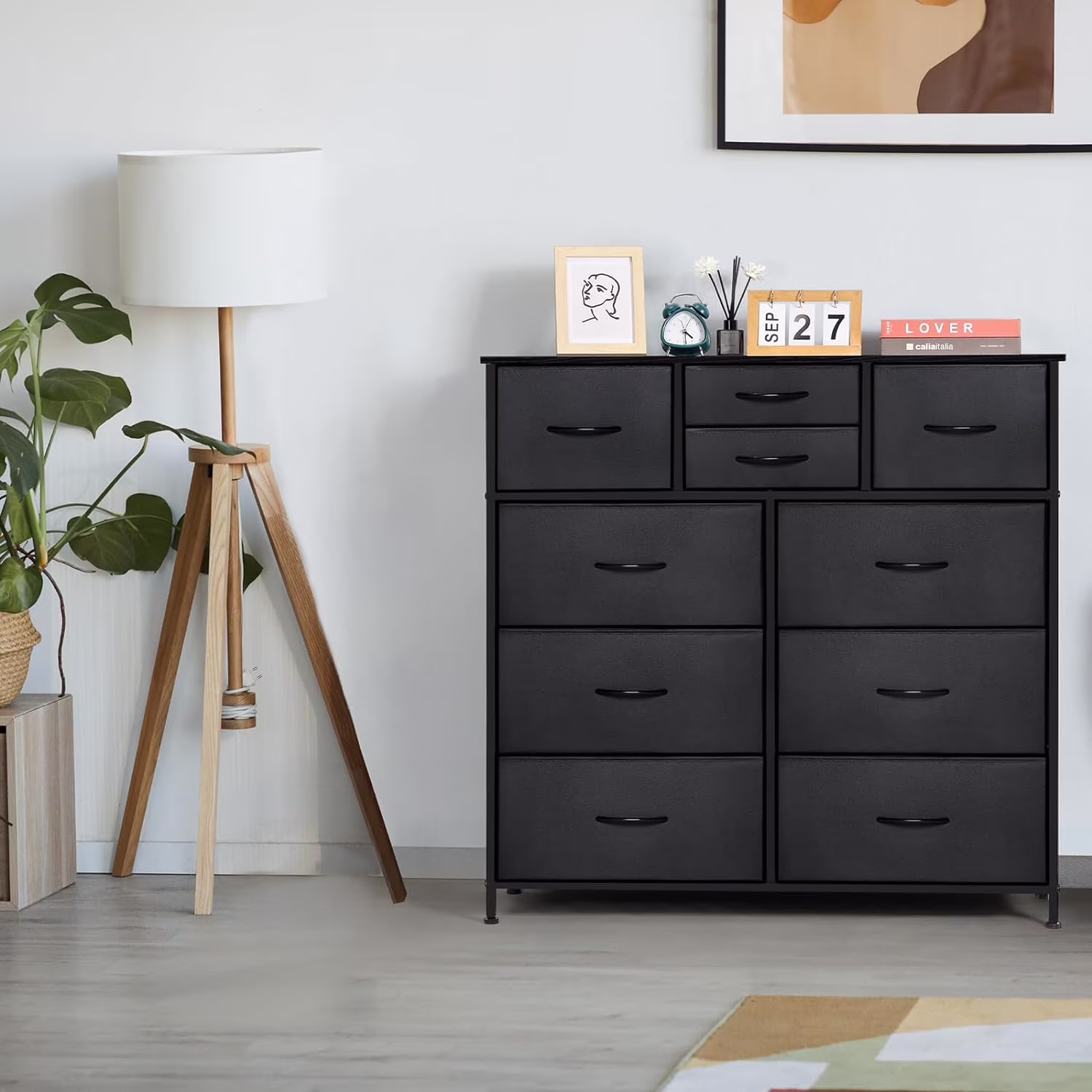 Dresser with 10 Non-Woven Drawers Small Chest of Drawers, Black
