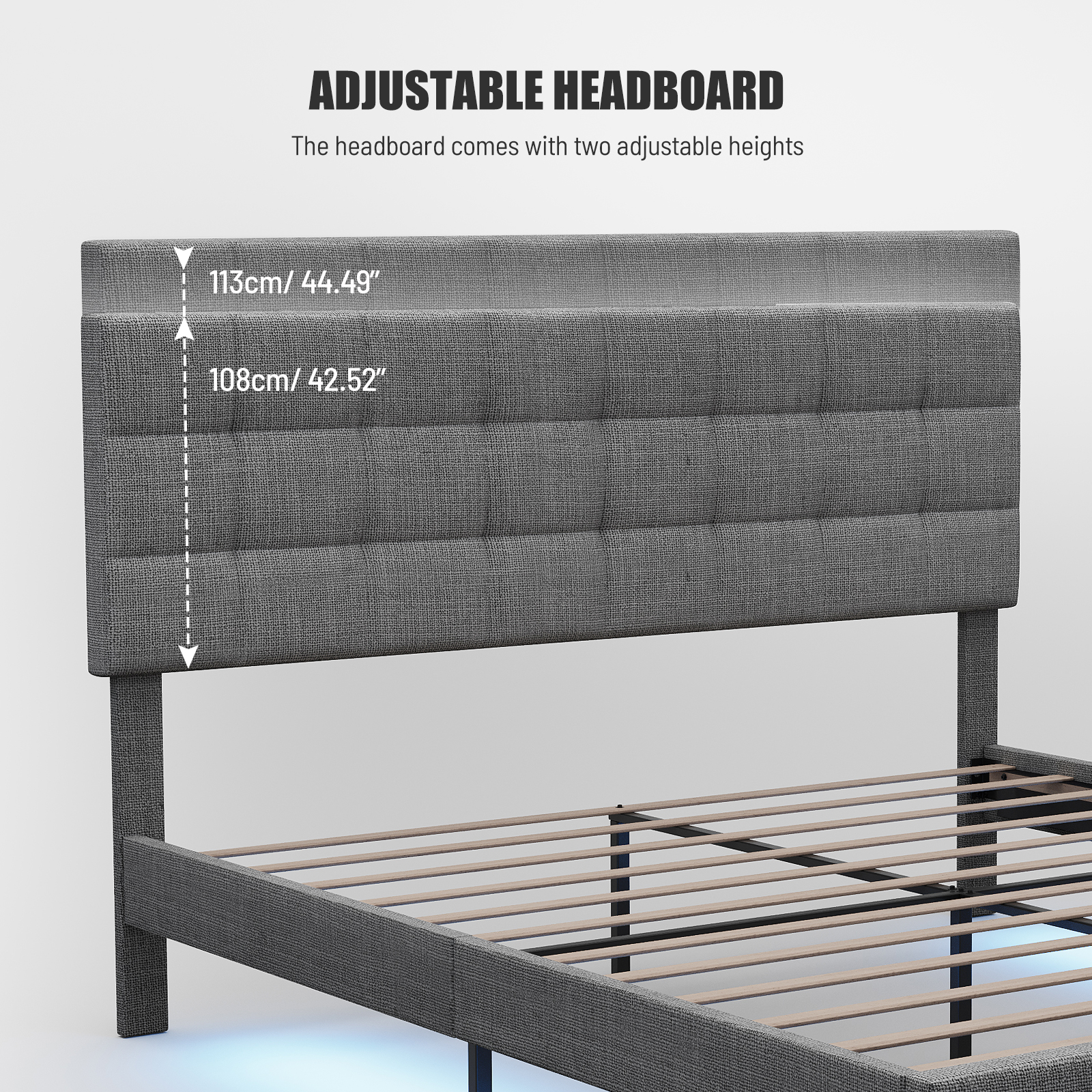 OWSOO Upholstered Queen Size Platform Bed Frame with RGB Stripe Linen Fabric Height Adjustable Headboard No Box Spring Needed GRAY