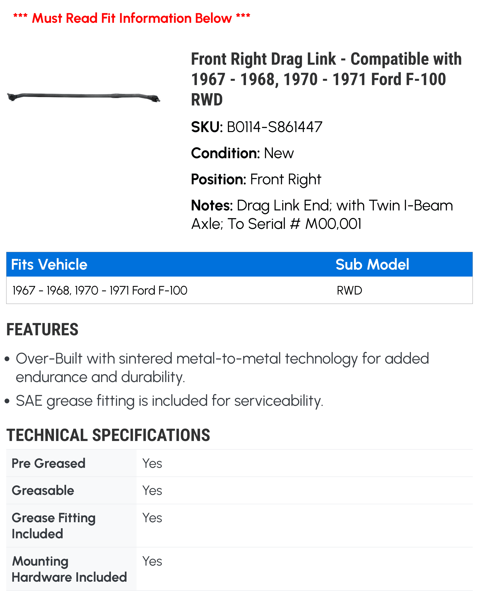 Front Right Drag Link - Compatible with 1967 - 1968, 1970 - 1971 Ford F-100 RWD