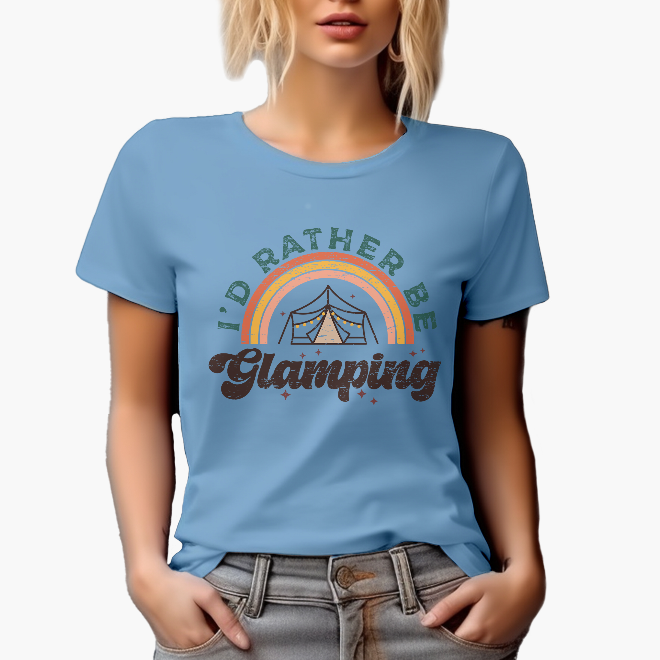 Distressed I'd Rather Be Glamping - Retro Rainbow & Tent Art Merch Gift, Baby Blue T-Shirt, Small