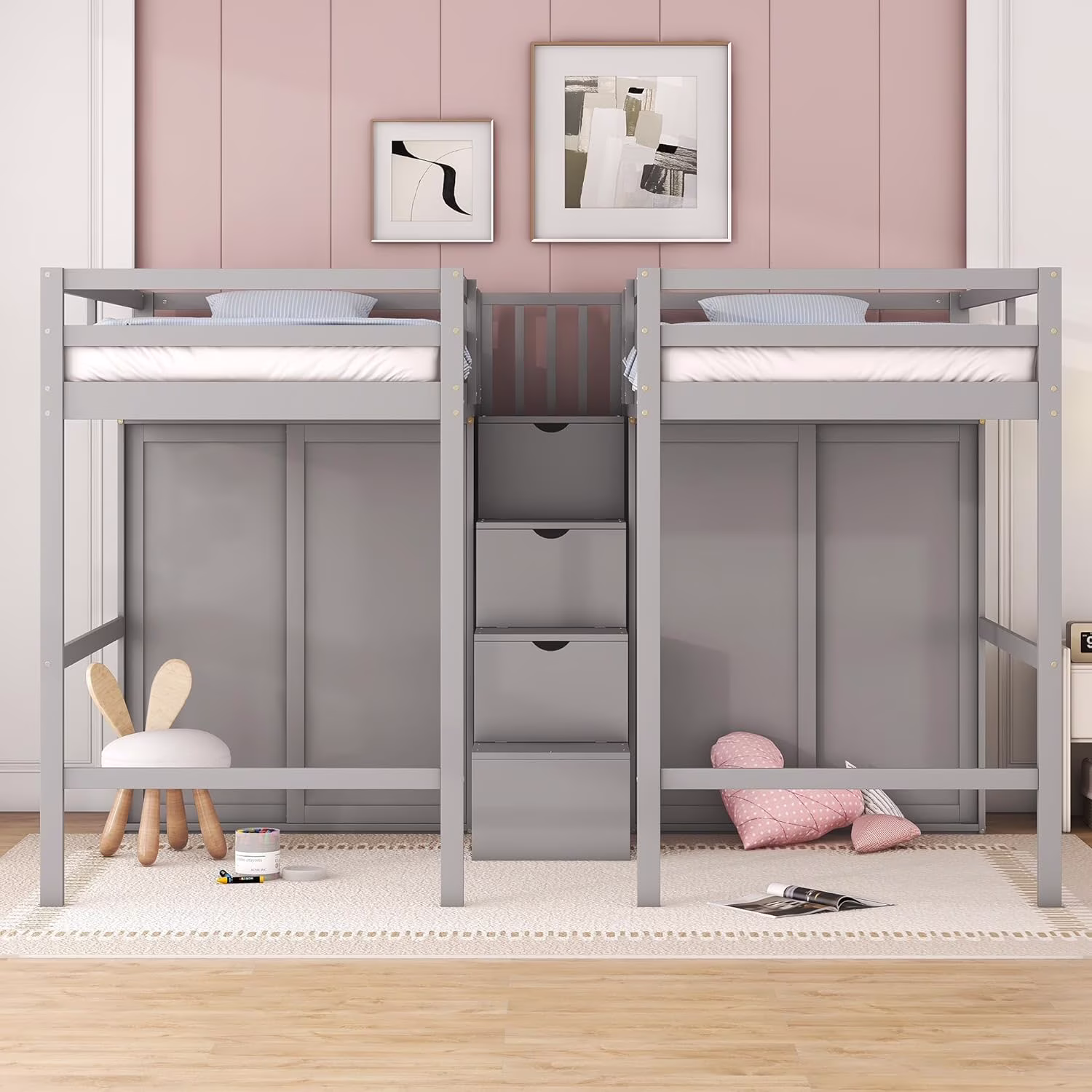Double Lof Beds Wih Wardrobes Ad Sairs, Solid Wood Lof Bed Frame Wih Sorage, Gray HJH-L540AAE