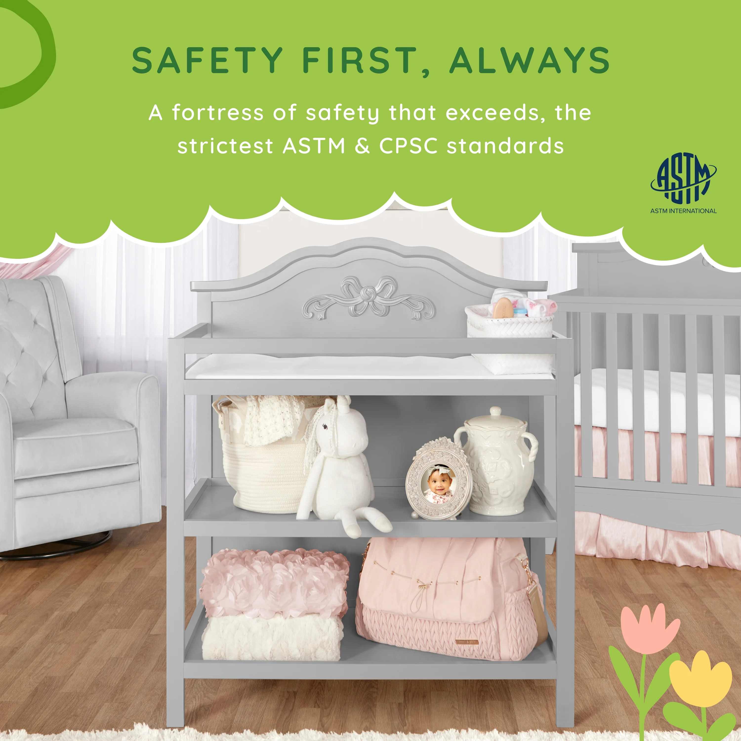 Dream On Me Jasmine Changing Table with Fixed Shelves, Platinum, 1