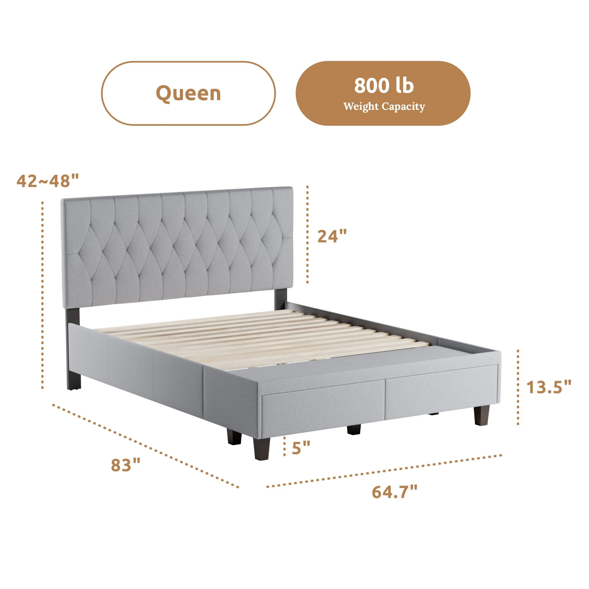 Rest Haven Jasper Upholstered Platform Bed with Drawers, Queen, Stone