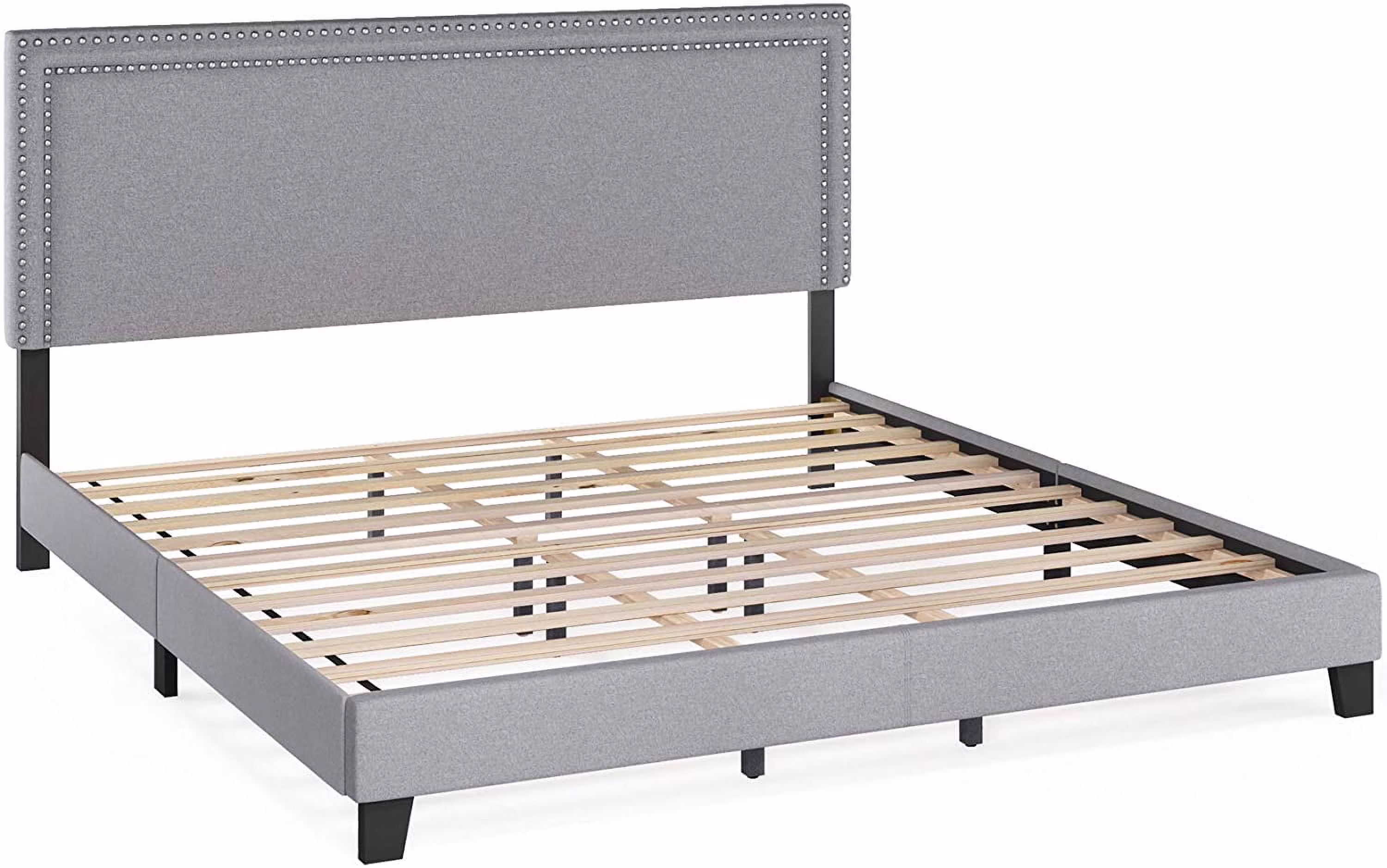 YINCHEN Laval Double Row Nail Head Upholstered Platform Bed Frame, King, Glacier