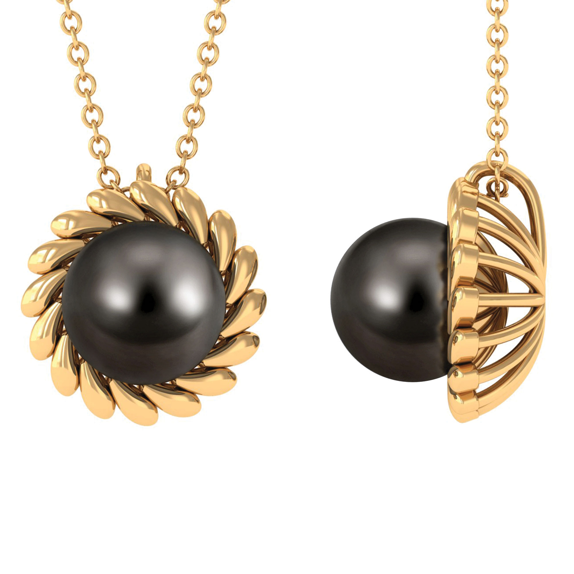 Elegant Tahitian Pearl Solitaire Pendant Necklace - Black Pearl Pendant, 18K Yellow Gold