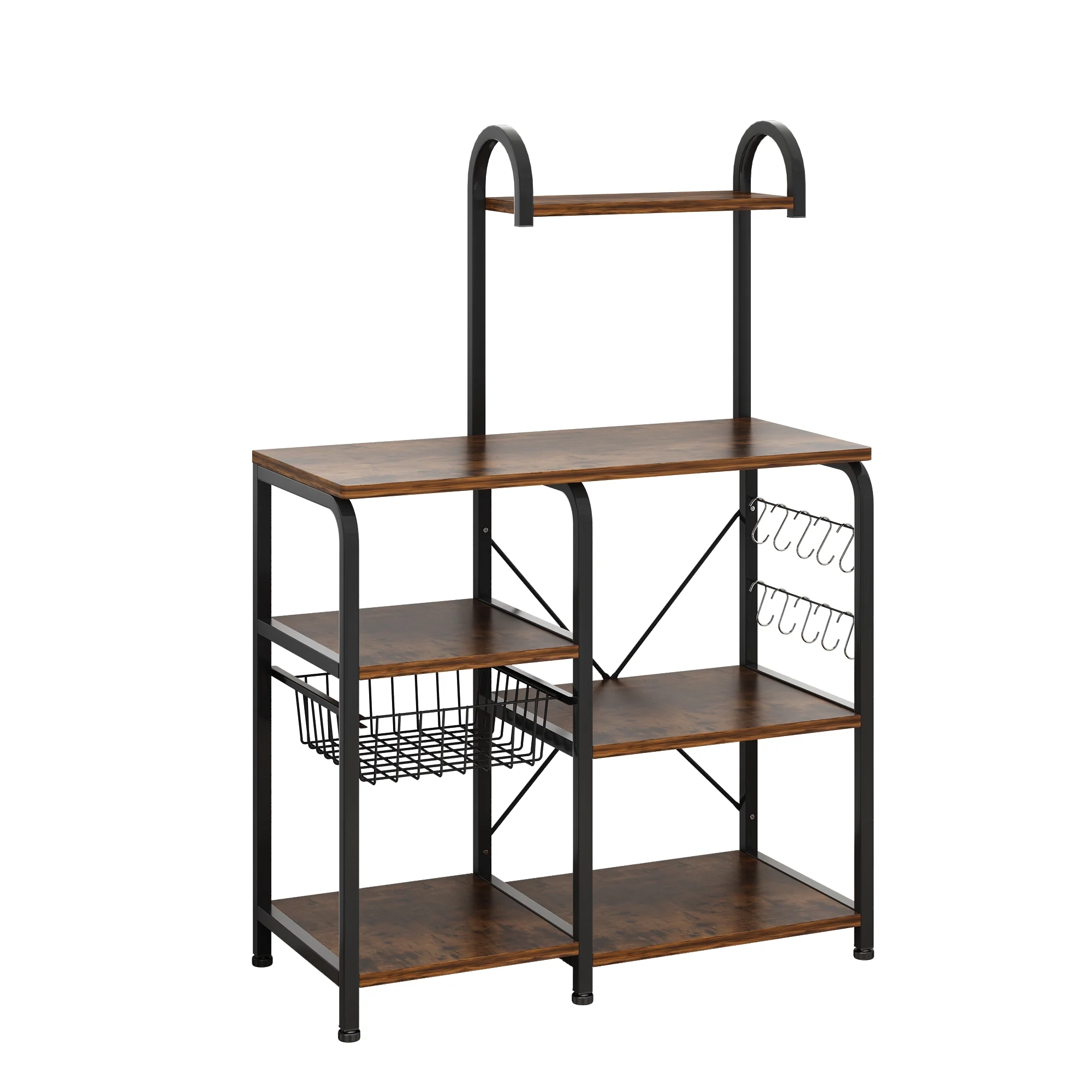 Winado Multifunction Kitchen Microwave Oven Stand, Baker's Rack, Free Standing Kitchen Utility Cart Storage Shelf Shelving Unit Organizer with Drain Basket, Spice Rack & 10 Hooks, Vintage/Brown