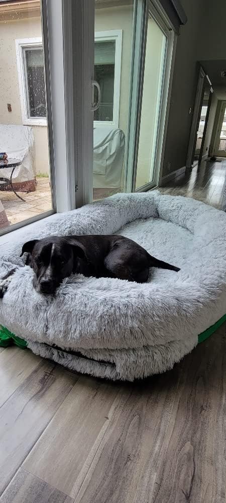 OrganaBark Giant Human Dog Bed for Oversized Pets and Humans, Washable Faux Fur, Ultra Soft to Doze Off & Napping, Orthopedic Comfort, Blanket (Grey)