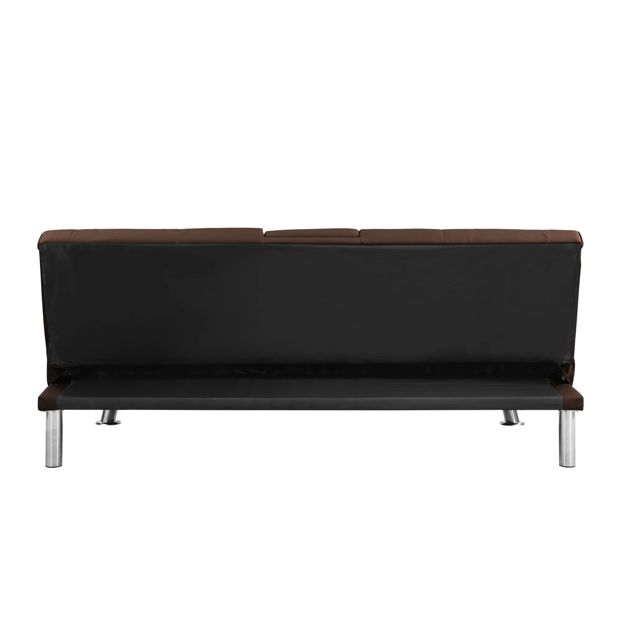 Sofa Bed with Armrest two holders WOOD FRAME, STAINLESS LEG, FUTON BROWN PVC