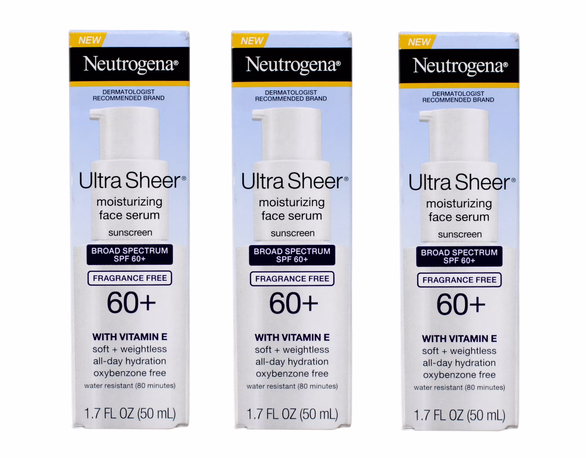 Neutrogena Ultra Sheer Moisturizing Face Serum with Vitamin E & SPF 60+, All Day Facial Sunscreen Serum with Broad Spectrum UVA/UVB Protection 1.7 oz - 3 Pack