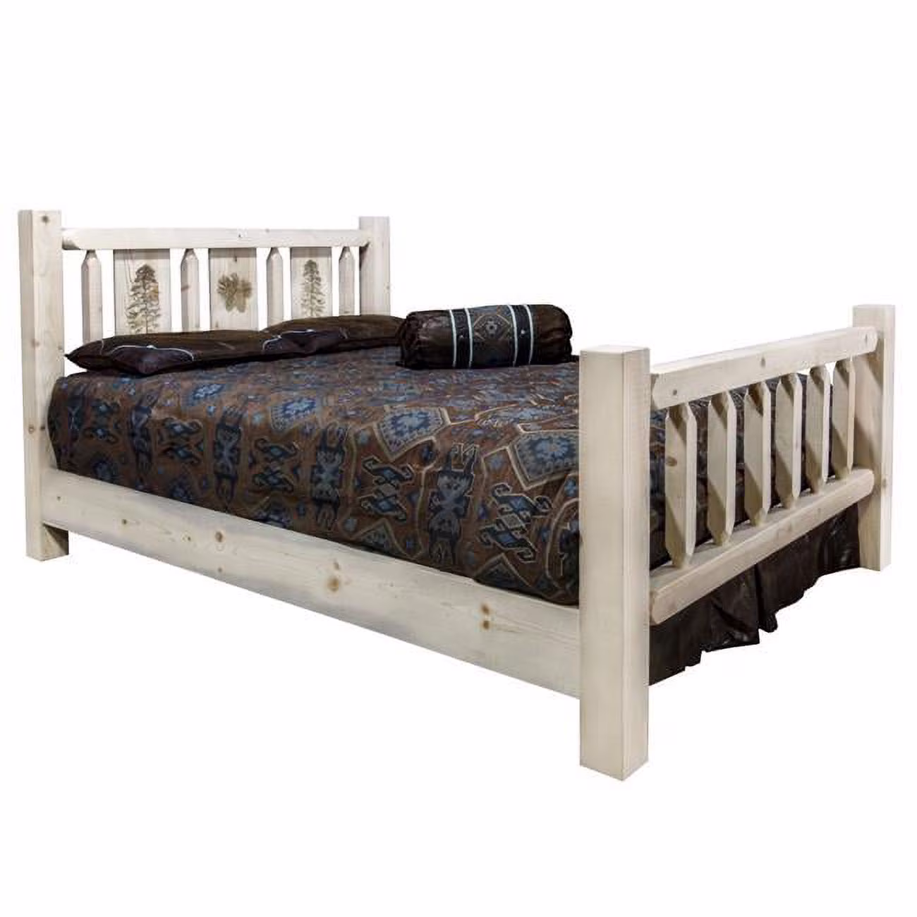 Homestead Collection Full Size Bed with Laser Engraved Pine Tree Design, Clear Lacquer Finish