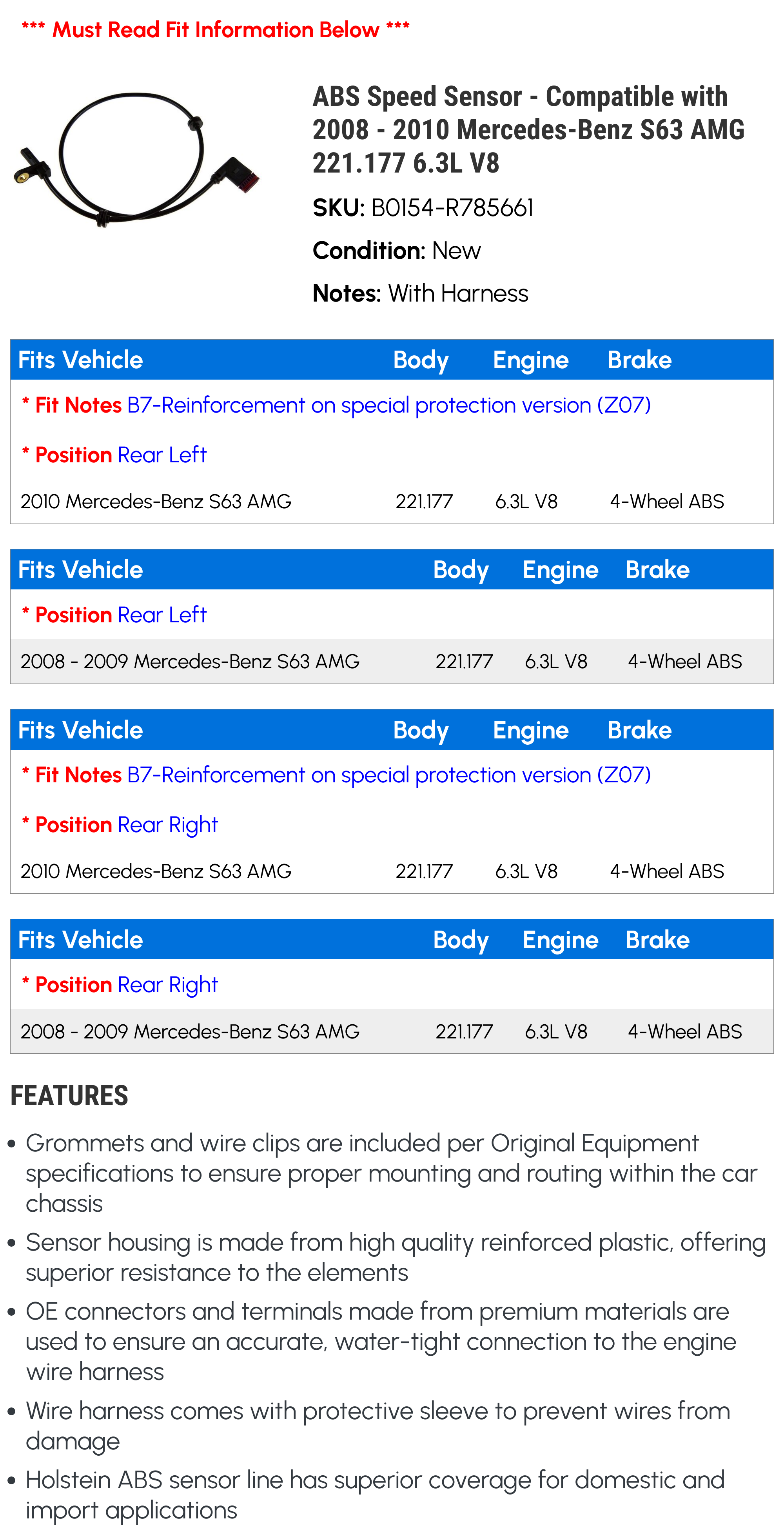 ABS Speed Sensor - Compatible with 2008 - 2010 Mercedes-Benz S63 AMG 221.177 6.3L V8 2009