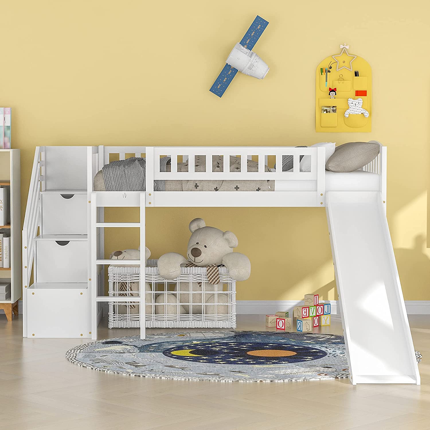Loft Bed With Slide And Stairs, Wooden Low Loft Bed Frame With Storage For Kids Girls Boys - White