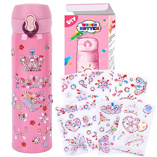 YOFUN Create Your Water Bottle with Tons of Rhinestone Gem Stickers - Craft Kit & DIY Art Set for Children, Gift for Girls - 17 OZ BPA Free Stainless Steel Vacuum Insulated Mug( Pink)