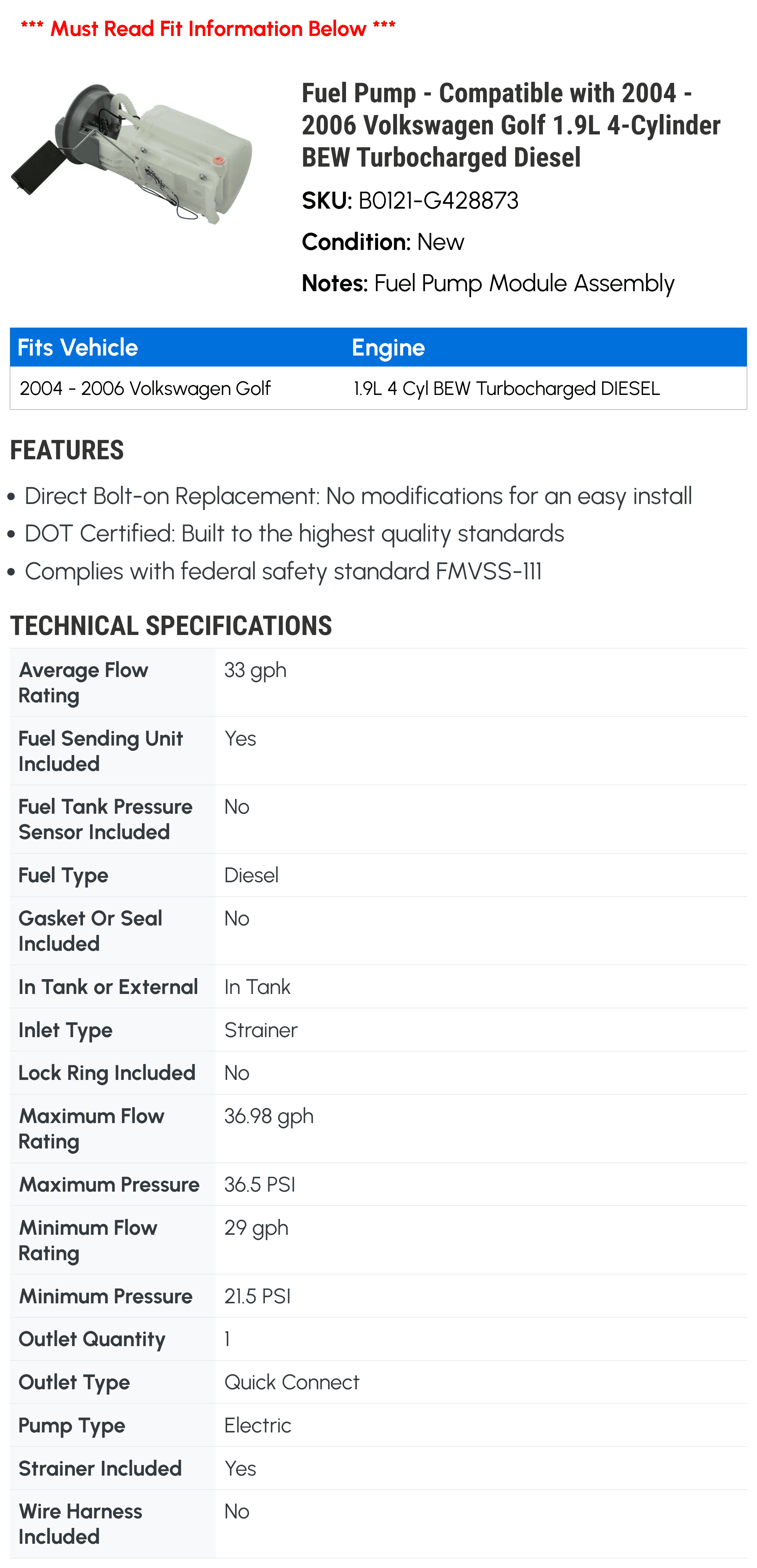 Fuel Pump - Compatible with 2004 - 2006 Volkswagen Golf 1.9L 4-Cylinder BEW Turbocharged Diesel 2005