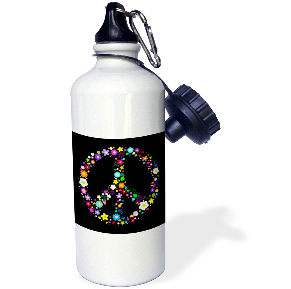 Floral Peace Symbol - Flowery hippy or hippie sign - flower power - colorful flowers - on black 21 oz Sports Water Bottle wb-58312-1