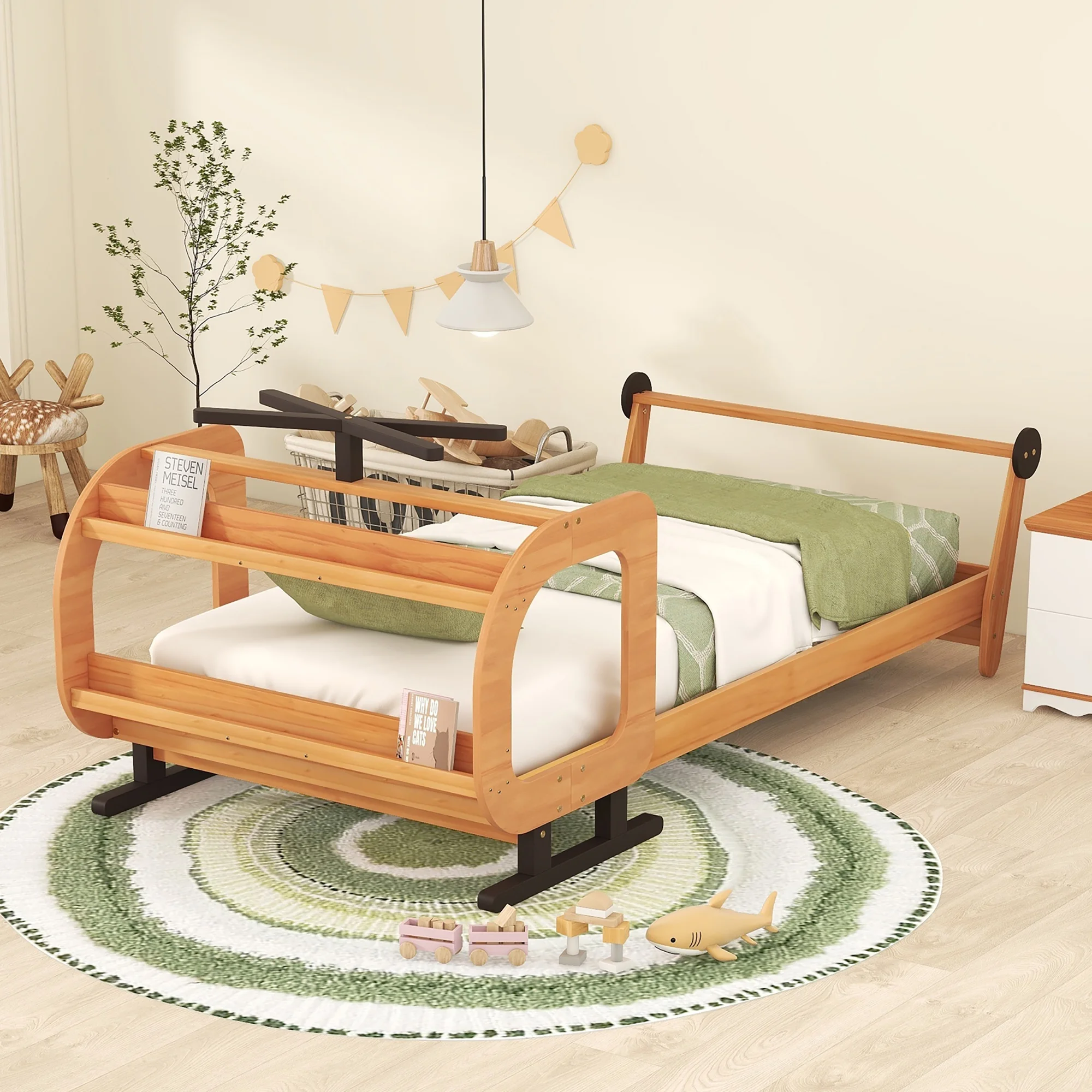 Twin Size Plane Shaped Bed Frame Wooden Platform Bed with Rotatable Propeller and Shelves/No Box Spring Needed/Noise Free (Natural)