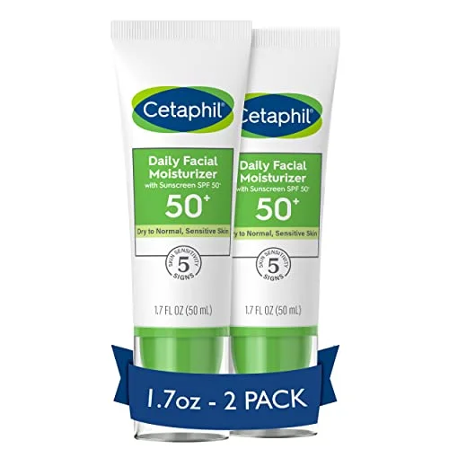 CETAPHIL Daily Facial Moisturizer SPF 50, 1.7 Fl Oz (Pack of 2), Gentle Facial Moisturizer For Dry to Normal Skin Types, No Added Fragrance, Dermatologist Recommended (Packaging May Vary)