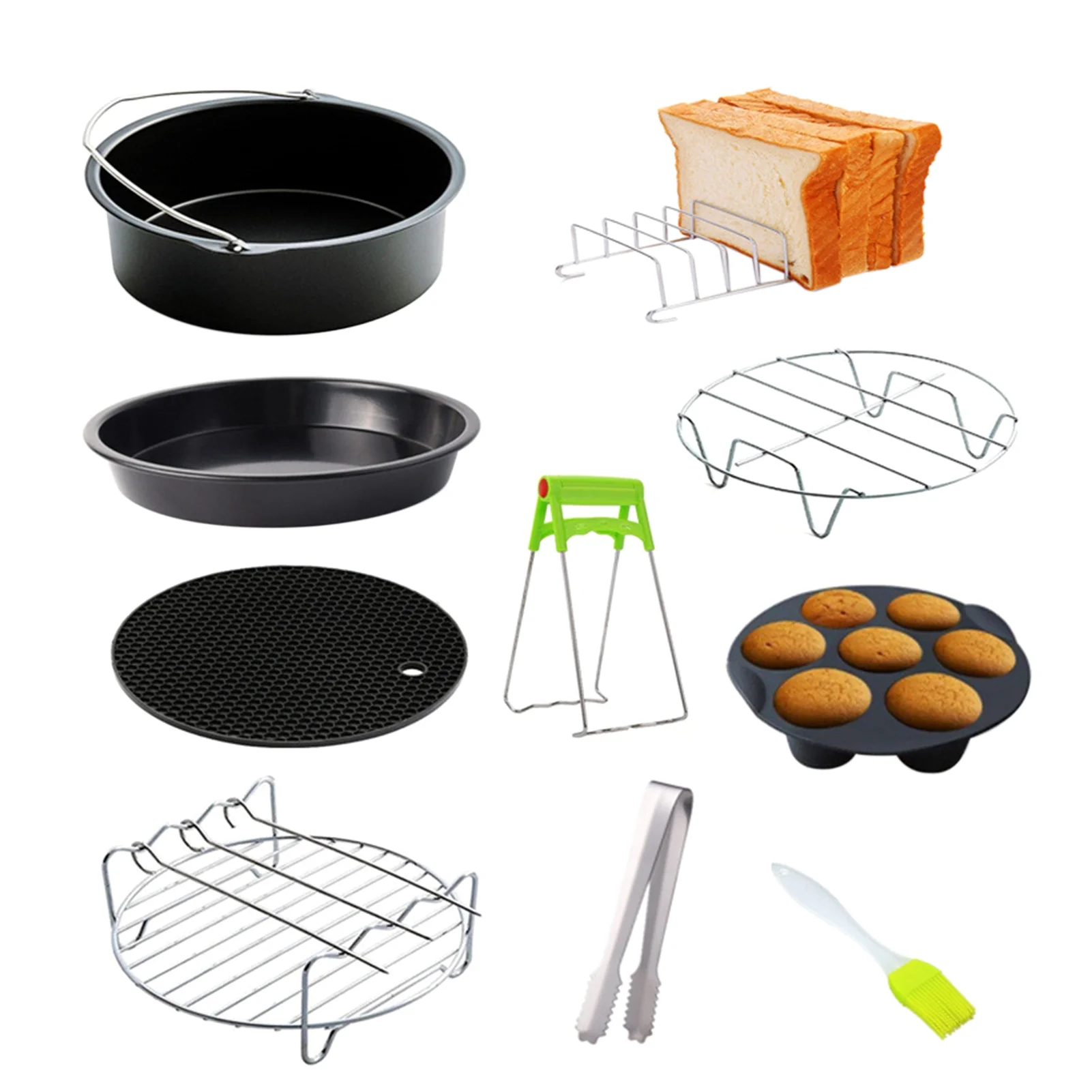 Htovila 10Pcs Air Fryer Accessory Kit Frying Baking Pan Rack Pizza Tray Pot Metal Holder Bread Bracket Cupcake Mould Set for 3.2QT-5.8QT Air Fryer