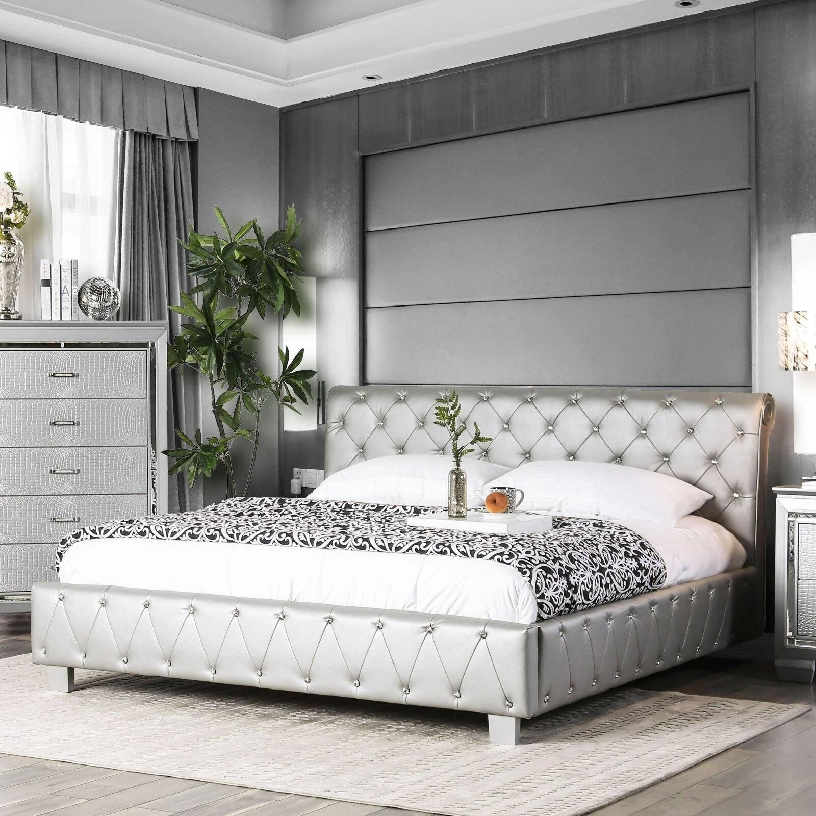 Contemporary Silver Solid Wood King Bedroom Set 5pcs FOA CM7056SV-EK Juilliard