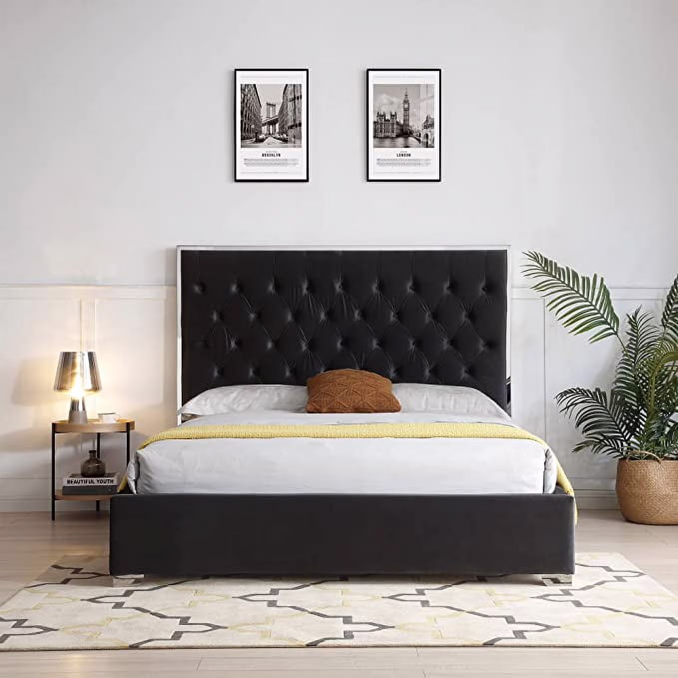 Sophia Velvet Queen Bed with Silver Metal Frame