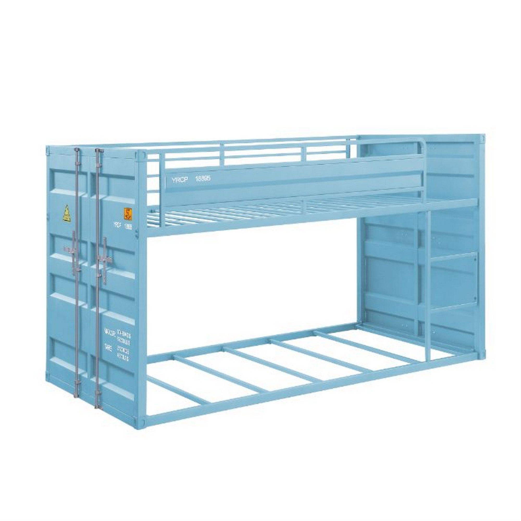 Twin Over Twin Bunk Bed with Metal Frame and Cargo Theme, Blue