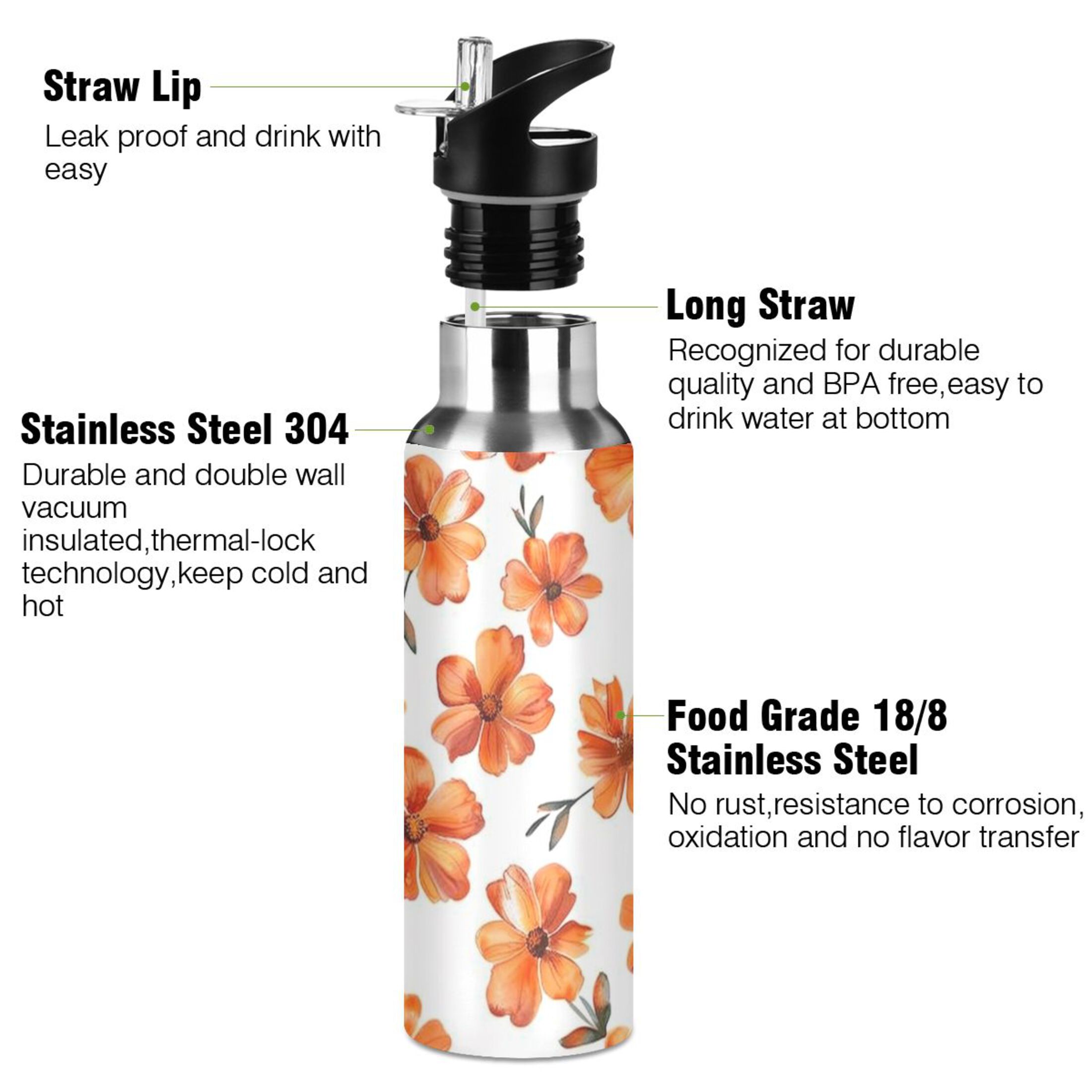 Flowers Water Bottles Insulated Thermos Kids Stainless Steel Bottle with Straw Lid Flask Leakproof for Sports Gym 20 oz