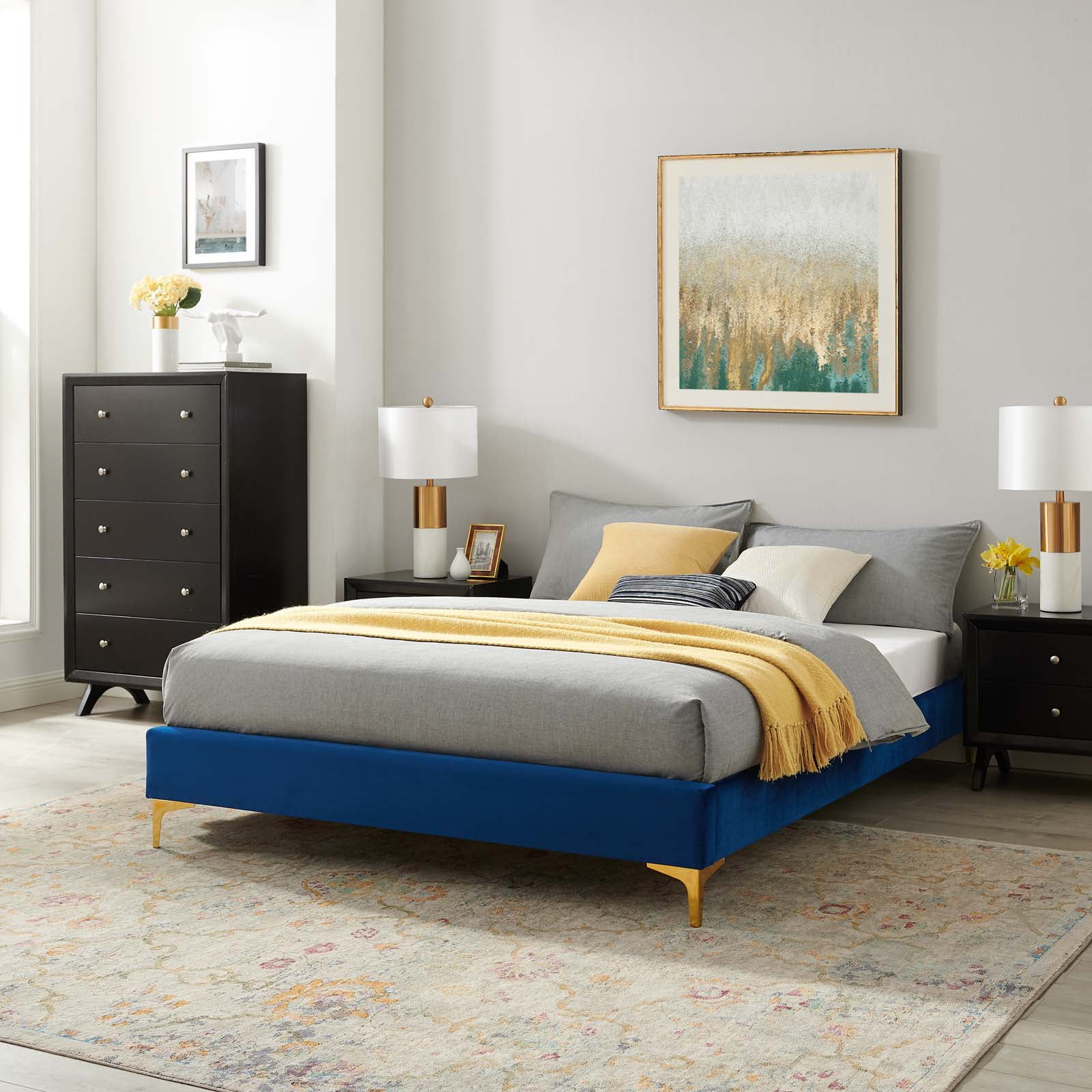 Platform Bed Frame, Twin Size, Velvet, Blue Navy, Modern Contemporary Urban Design, Bedroom Master Guest Suite
