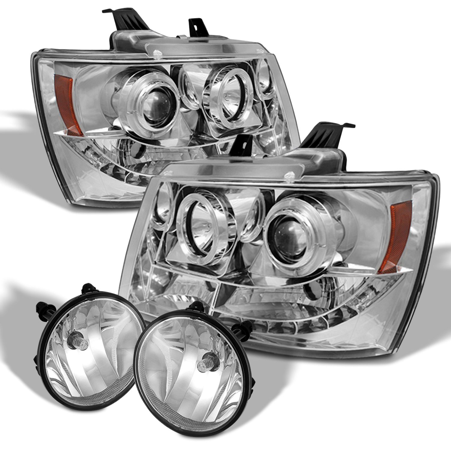 AKKON - Fits 2007-2011 Tahoe Avalanche Suburban LED Dual Halo Projector Headlights & Fog Lights - Chrome Housing
