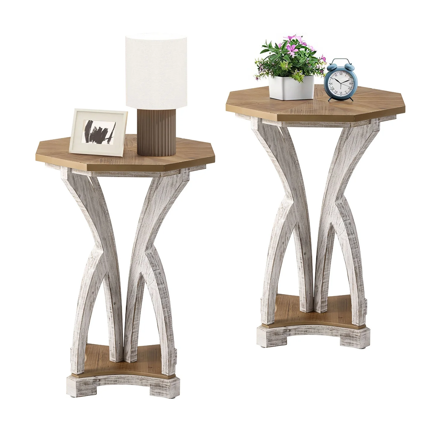 COSIEST 2PCS Octagonal Wooden Side Table Accent End Table