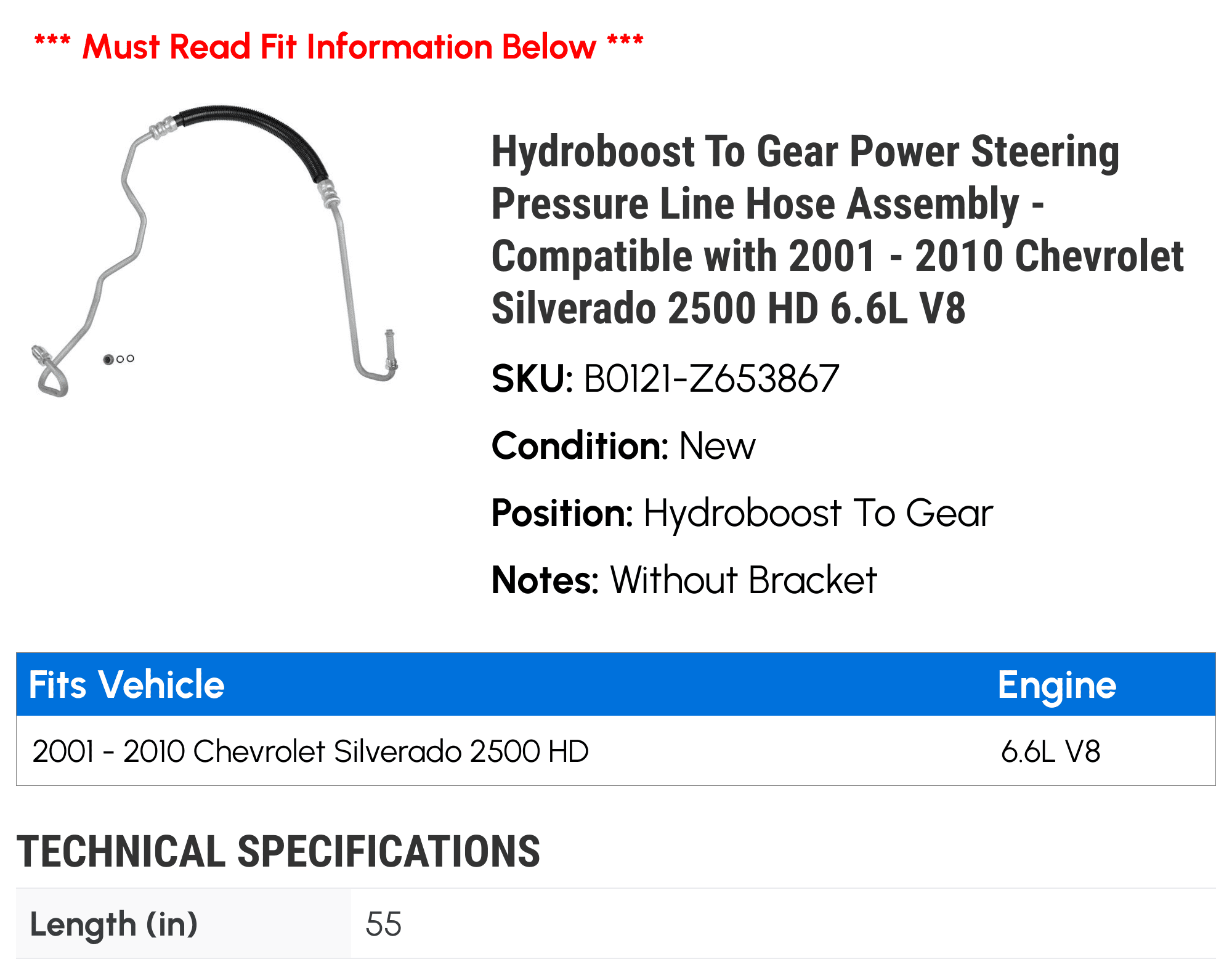 Hydroboost To Gear Power Steering Pressure Line Hose Assembly - Compatible with 2001 - 2010 Chevy Silverado 2500 HD 6.6L V8 2002 2003 2004 2005 2006 2007 2008 2009