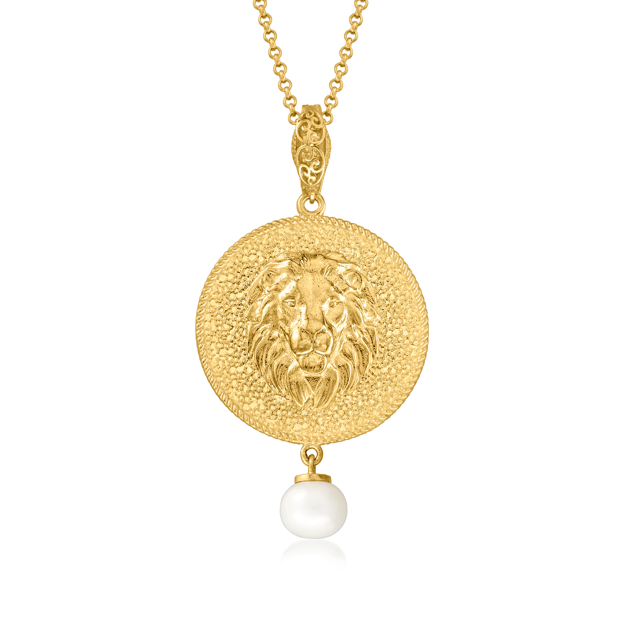 Ross-Simons 8-8.5mm Cultured Pearl and Lion Medallion Pendant Necklace in 18kt Gold Over Sterling, Women's, Adult