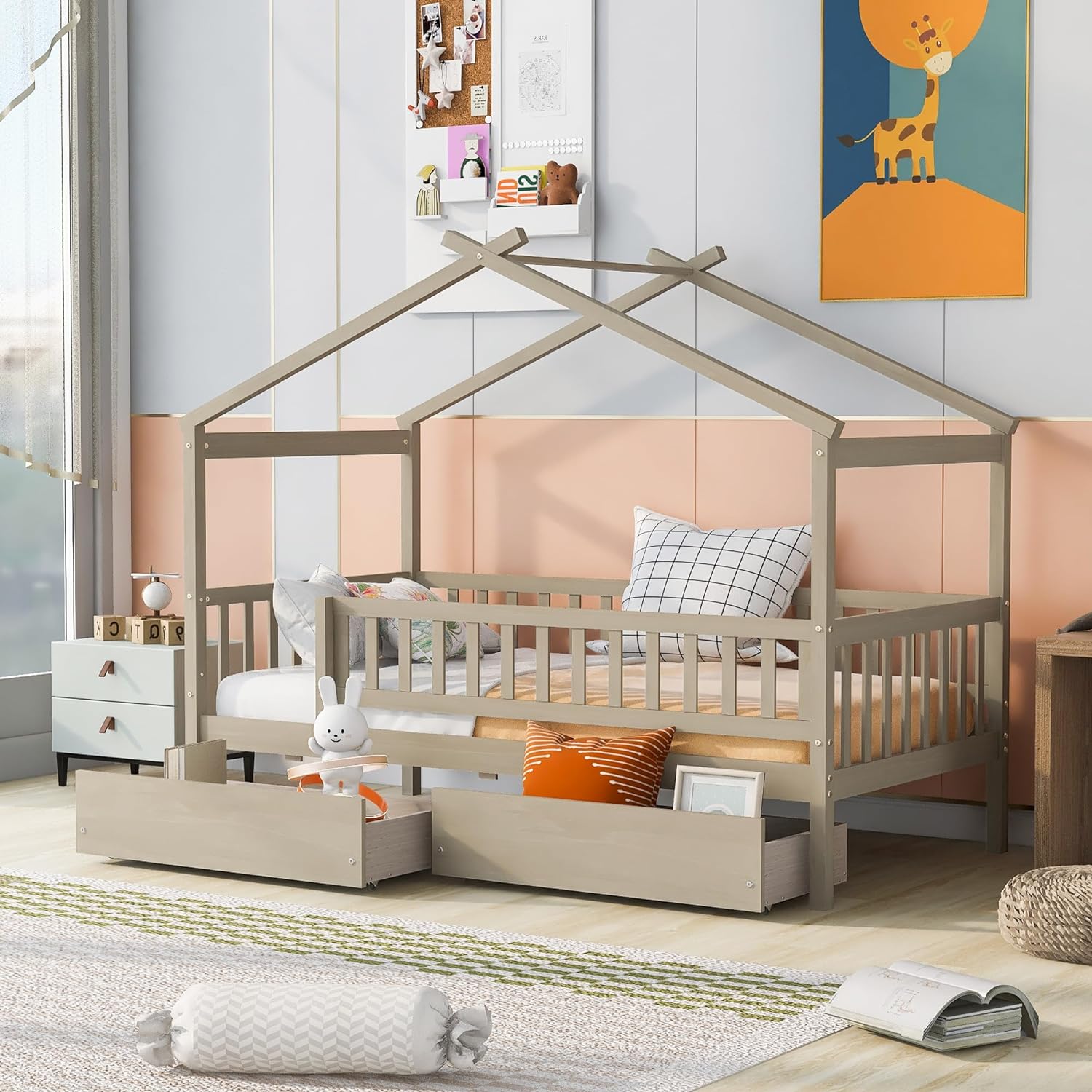House Daybed With Storage Drawers For Kids, Wood House Platform Bed Frame For Boys Girls, Full-Legth Fece, o Boxig Sprig eeded, atural