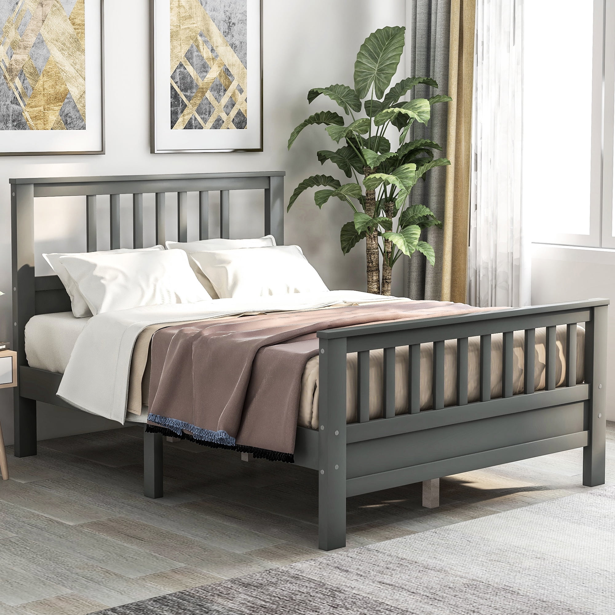 Gray Full Wood Platform Bed with Headboard and Footboard