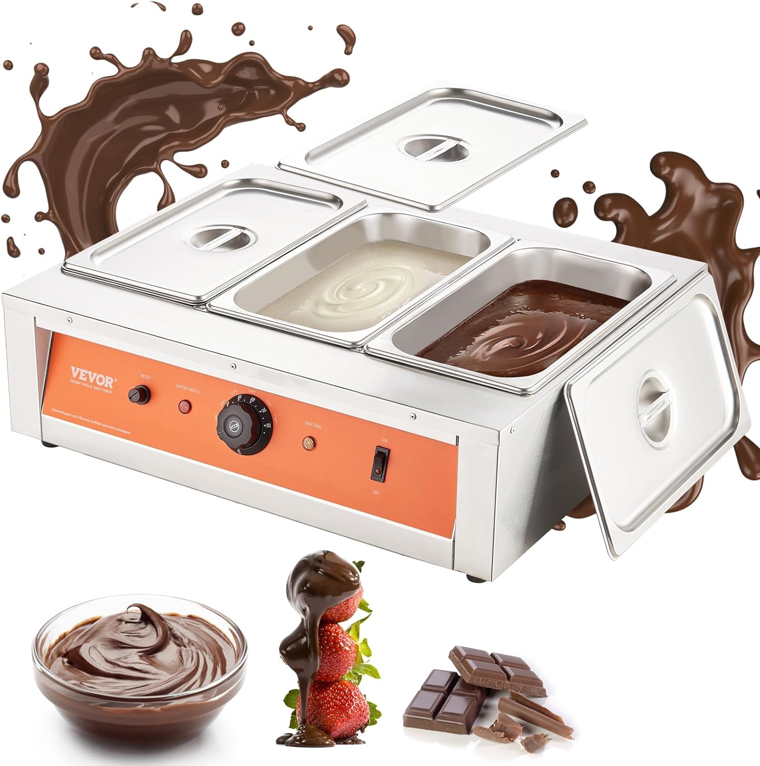 Chocolate Tempering Machine, 26.5 Lbs 3 Tanks Chocolate Melting Pot TEMP Control 86~185℉, 1500W Stainless Steel Electric Commercial Food Warmer For Chocolate/Milk/Cream Melting and Heating