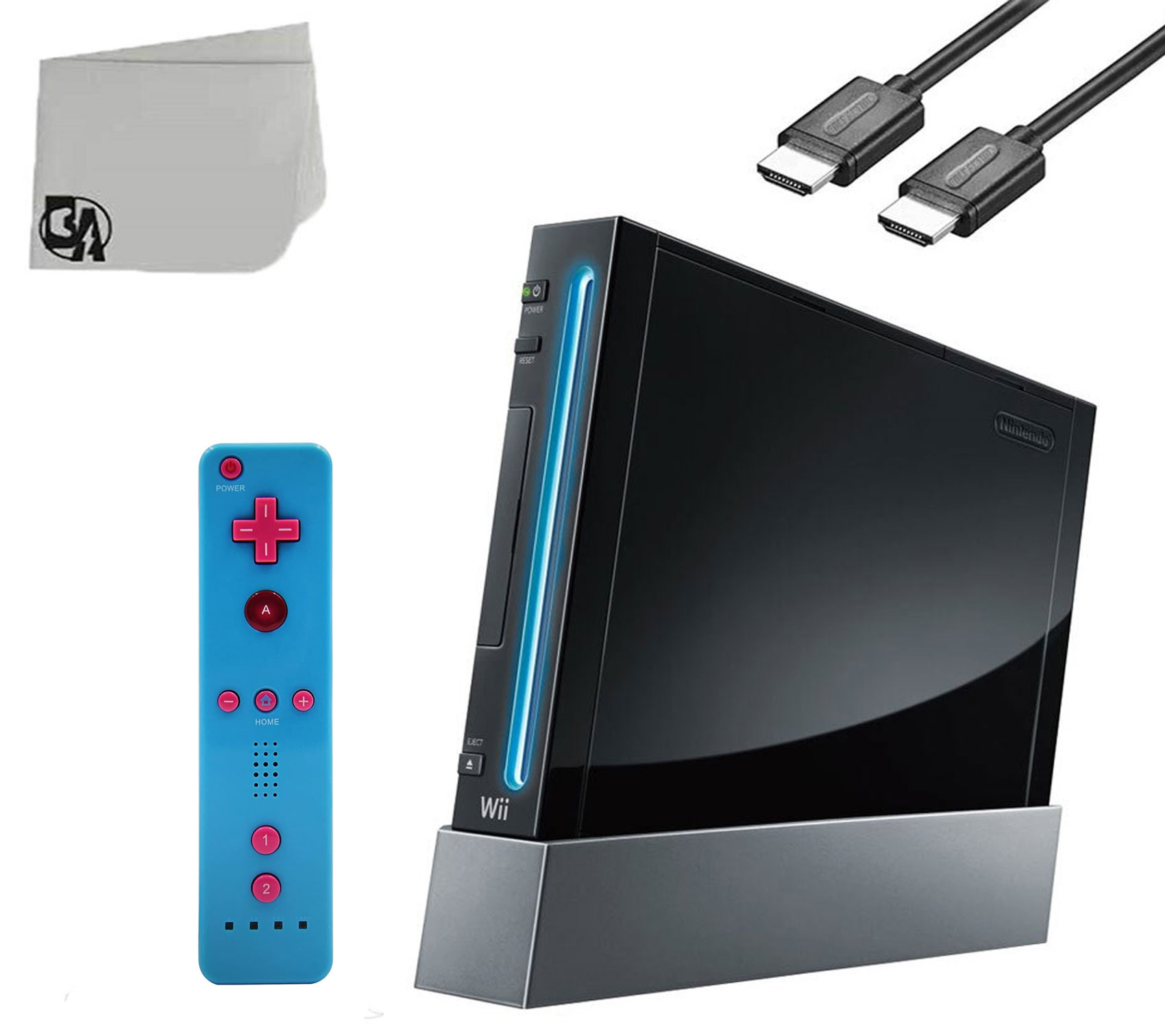 Immerse Yourself in Gaming Wii Console Black With Wii Remote Controller, Wireless Gamepad, Silicone Case Blue & Pink HDMI Cable BOLT AXTION Bundle Like New