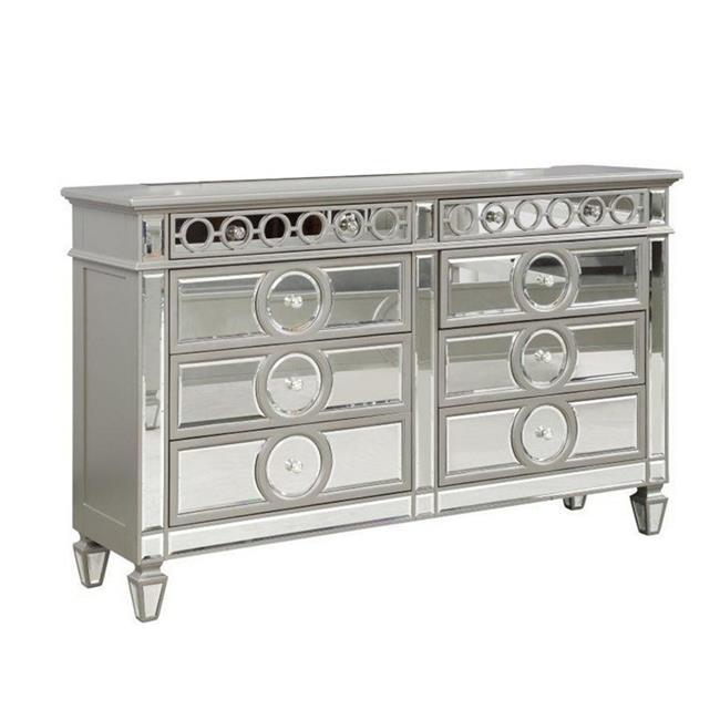 64 in. Jack Dresser with 6 Gliding Drawers & Mirror Panel Inserts, Silver