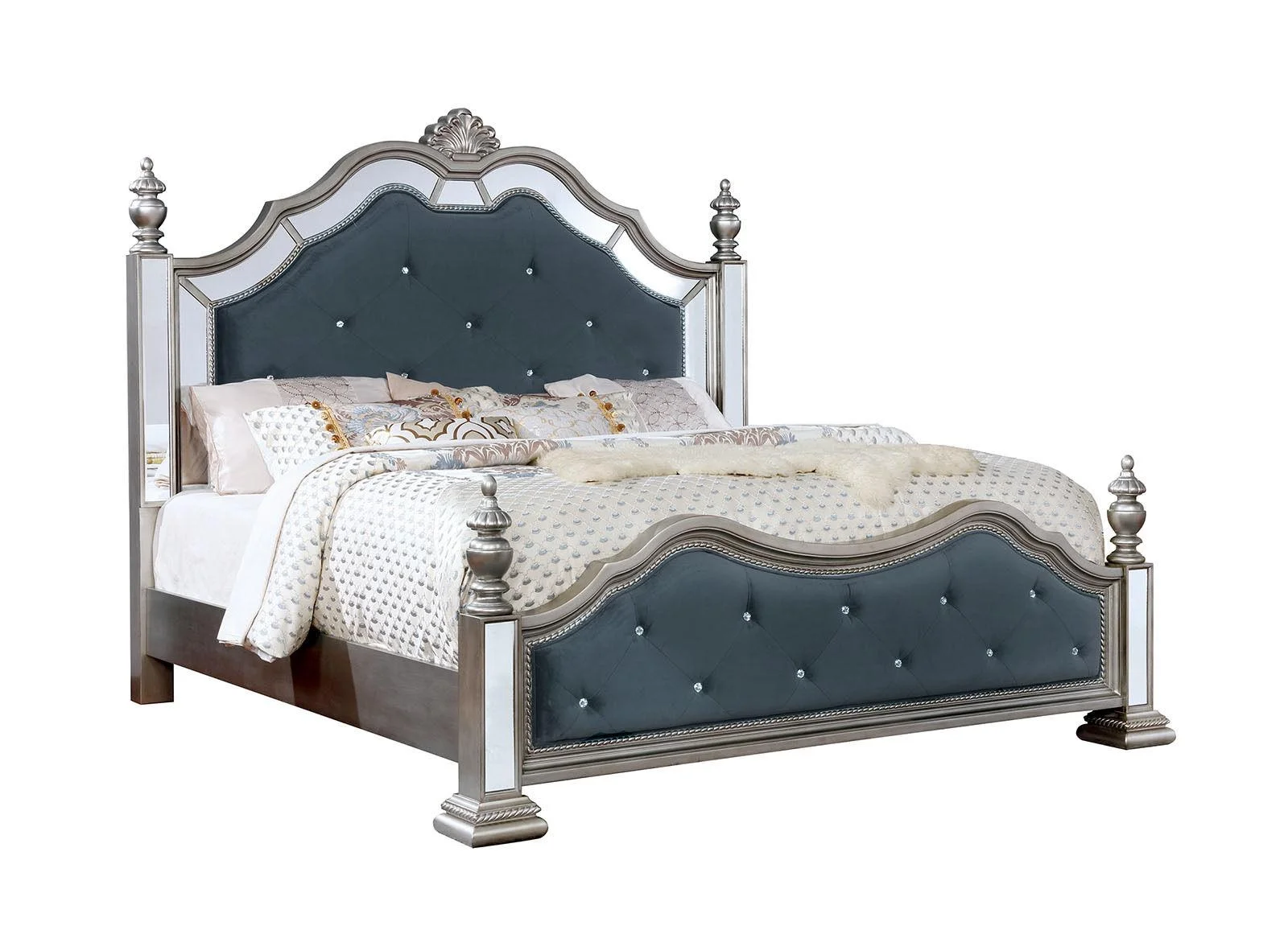 Glam Silver Solid Wood King Bedroom Set 5pcs FOA CM7194 Azha