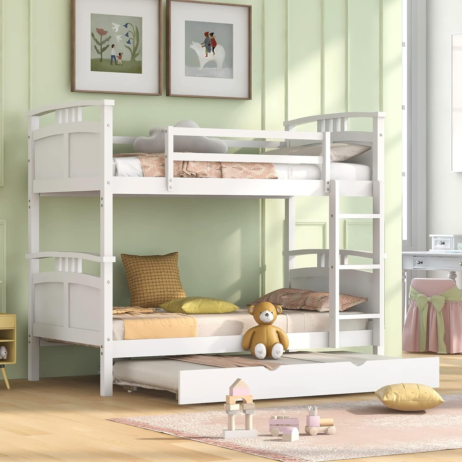 Wooden Bunk Bed With Trundle, Separable Bunk Bed Can Be Separated Into 2 Beds, White