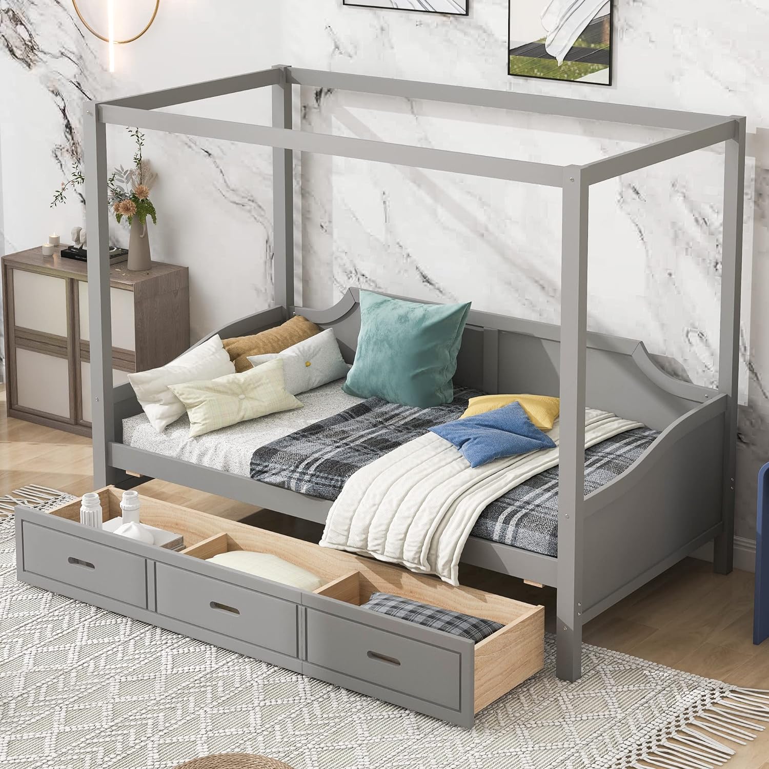 Canopy Bed With Storage, Wood Daybed Frame With 3 Drawers, Sofa Bed, Platform Bed Frame For Kids, Teens, Adults, No Box Spring Required, Gray