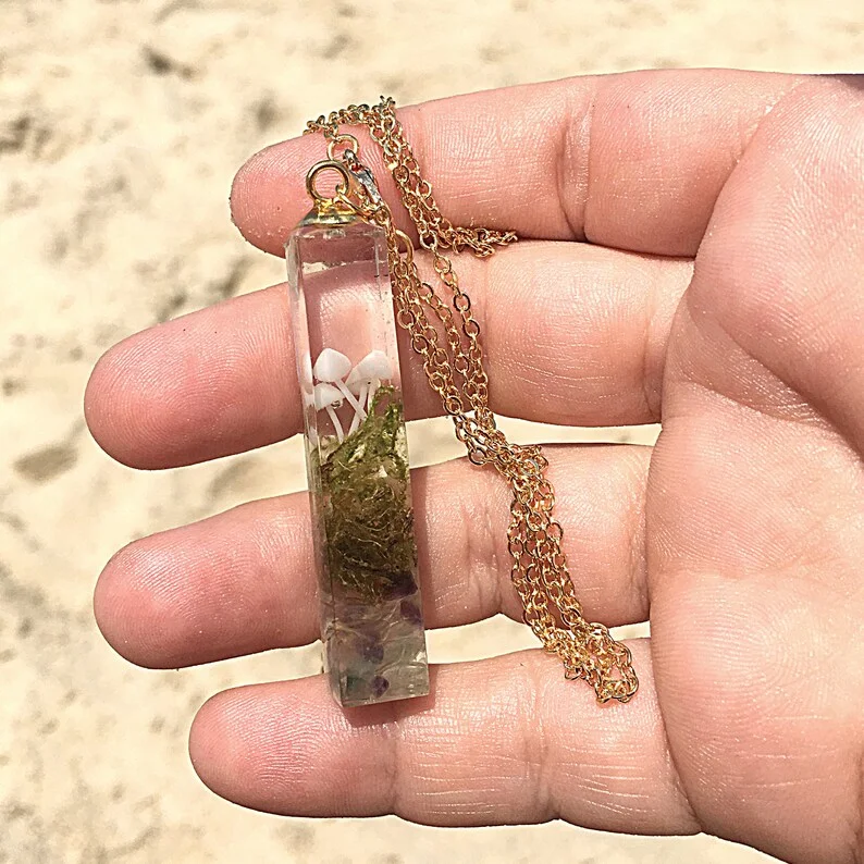 Mushroom necklace terrarium moss jewelry cube resin pendant gold plated mushroom handmade jewelry