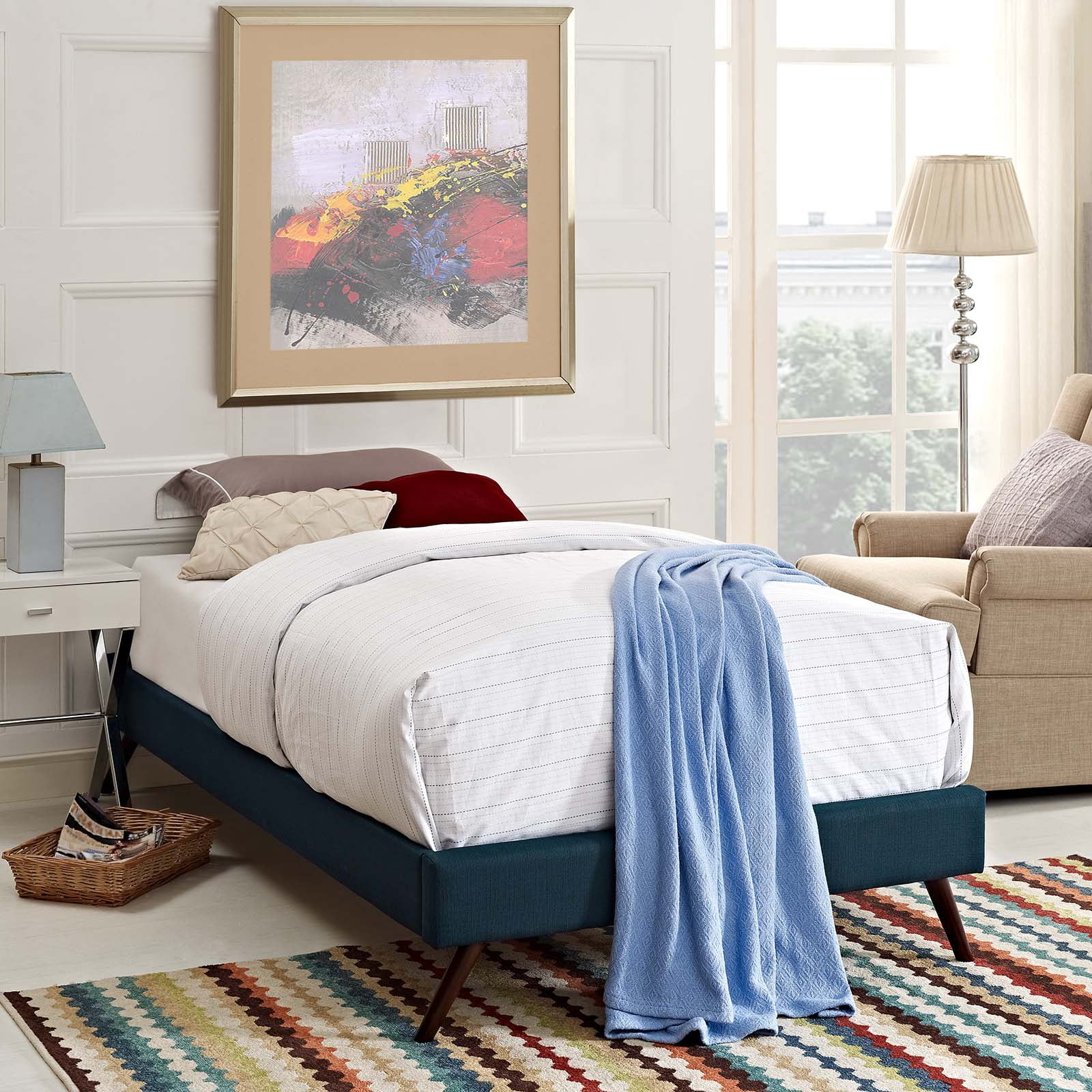 Mod Uptown Contemporary/Modern Upholstered Platform Bed, Twin, Navy Blue