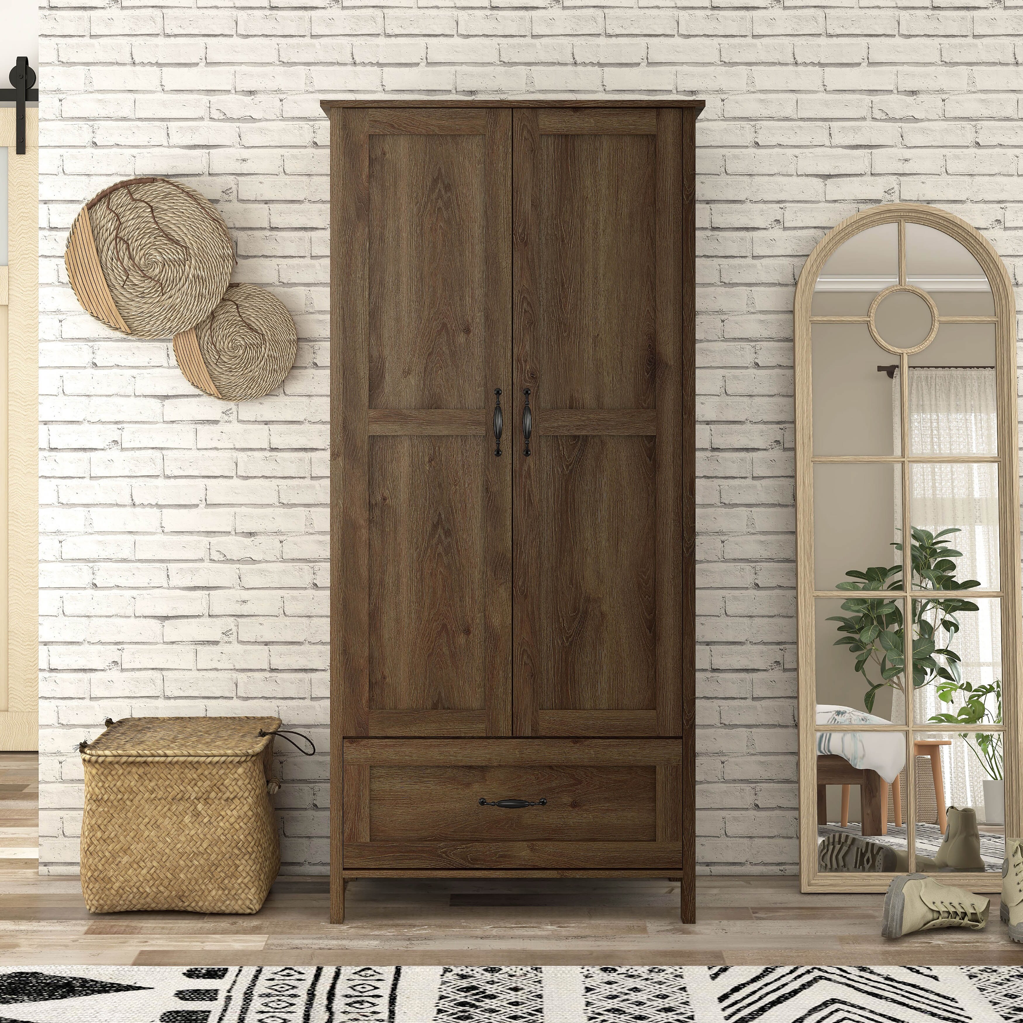 Denhour DH BASIC Rustic Distressed Walnut Double-doors Wardrobe Closet with 1-Drawer by