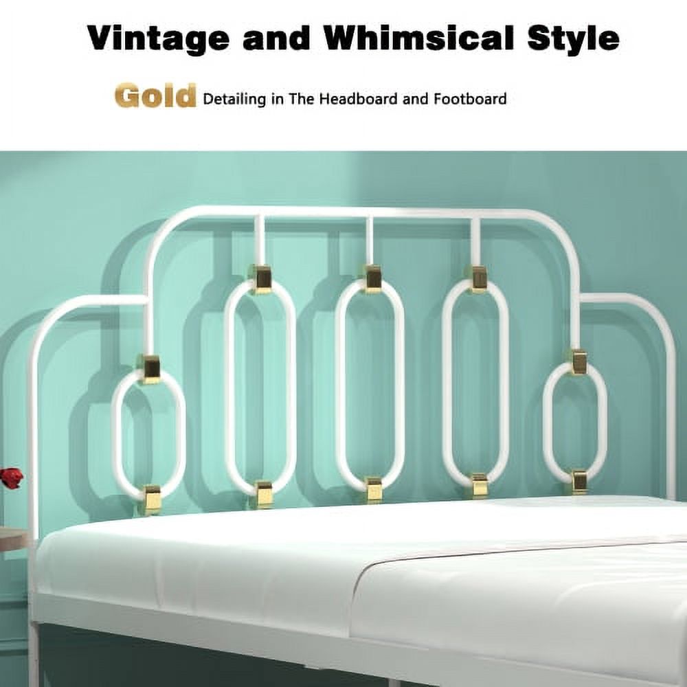 Metal Bed, White with Gold Details, Full
