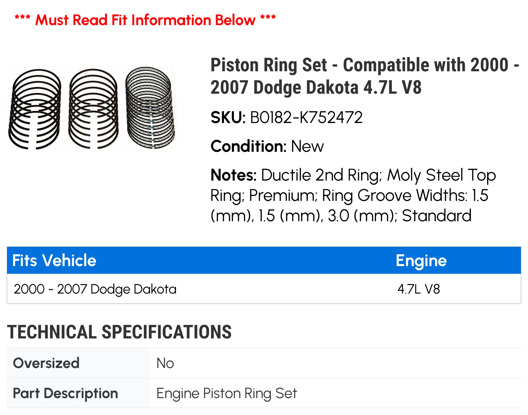 Piston Ring Set - Compatible with 2000 - 2007 Dodge Dakota 4.7L V8 2001 2002 2003 2004 2005 2006